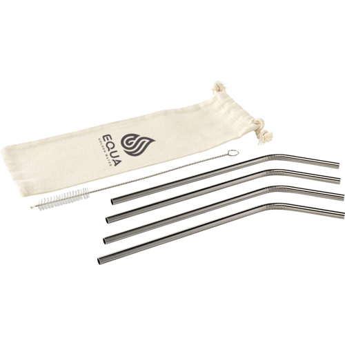 Stainless Steel Four Reusable Straw Set Printed Canvas Pouch