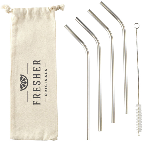 Stainless Steel Four Reusable Straw Set Printed Canvas Pouch