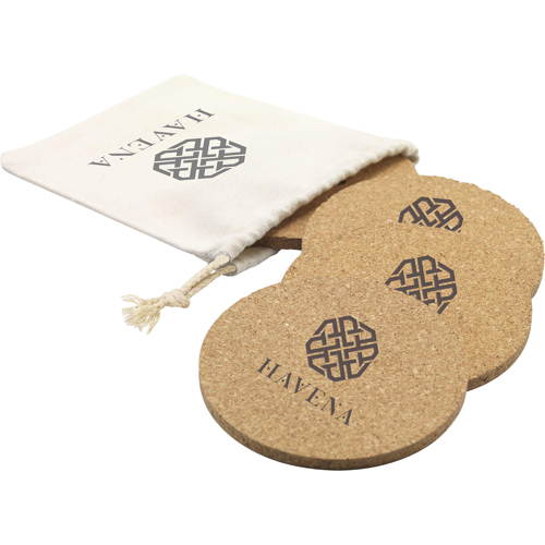 Set of 4 Cork Coaster Set Cotton Pouch Printed Logo