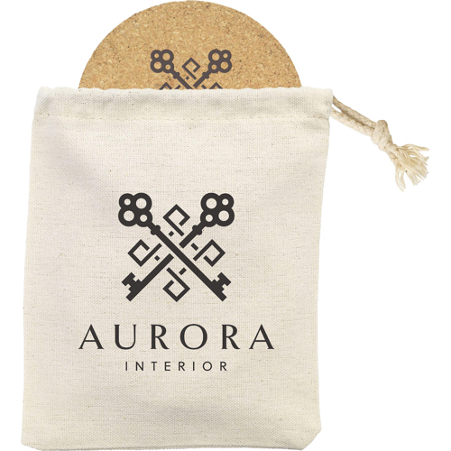 Set of 4 Cork Coaster Set Cotton Pouch Printed Logo