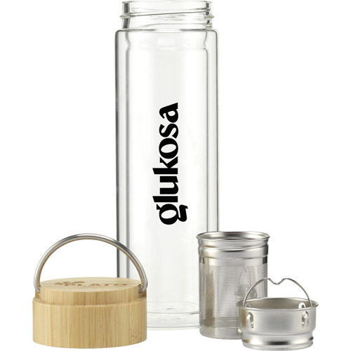 Custom Printed Glass Bottle With Tea Strainer (300ml)
