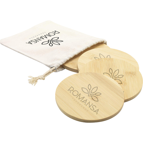 Set of 4 Bamboo Coaster Set Cotton Gift Pouch Custom Logo