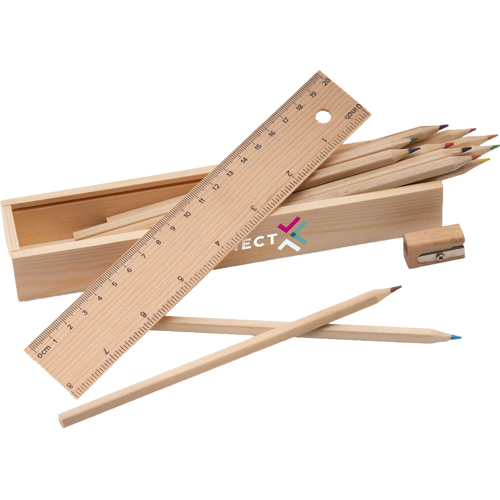 Wooden Stationary Box - Ruler, Colouring Pencils, Sharpener