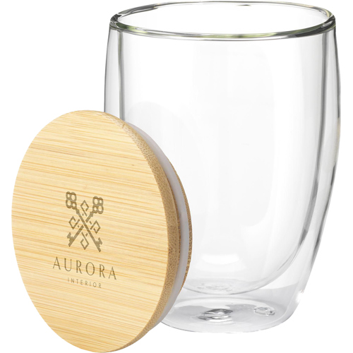 Double-walled Glass Tea / Coffee Cup (350ml) Bamboo Lid Branded Logo