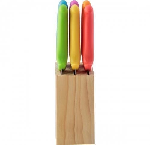 Stainless steel seven piece steak knife set- includes six knives with coloured PP handles in a rubber wood block