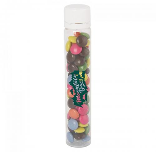 Plastic tube with 17g of sugar coated milk chocolate sweets 