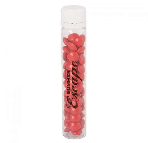 Plastic tube with 17g of sugar coated milk chocolate sweets 