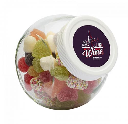 Candy jar 395 ml with white plastic lid and filled with a choice of base category sweets