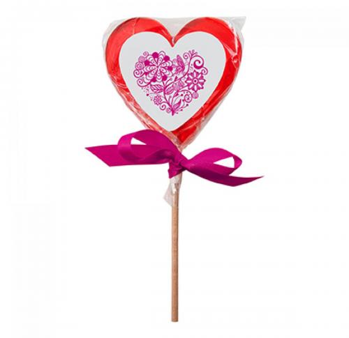 Heart shaped lollipop with printed sticker