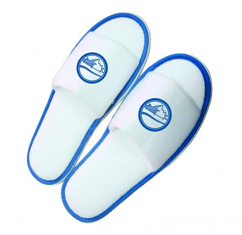 Pair of slippers, open toe, white terry with coloured band and with EVA sole