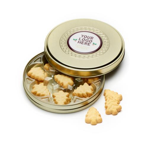Custom Printed Gold Tin Christmas Tree Shaped Shortbread Festive Biscuits