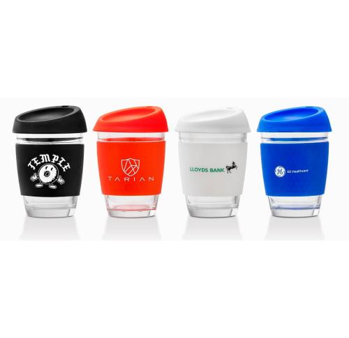 Printed Eco Glass Coffee Cups - Silicon Sleeve & Lids 12oz