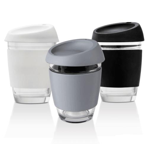 Printed Eco Glass Coffee Cups - Silicon Sleeve & Lids 12oz