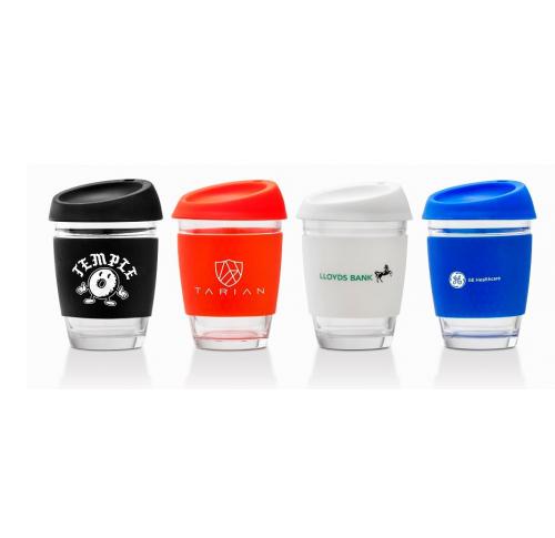 Printed Eco Glass Coffee Cups - Silicon Sleeve & Lids 12oz