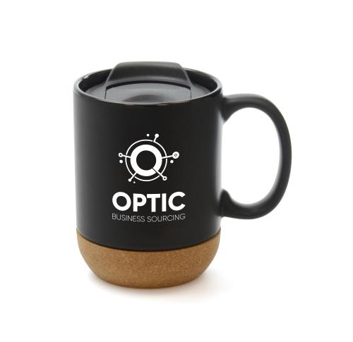 Branded Matt Black Ceramic Coffee Mugs With Lid Cork Base 400ml