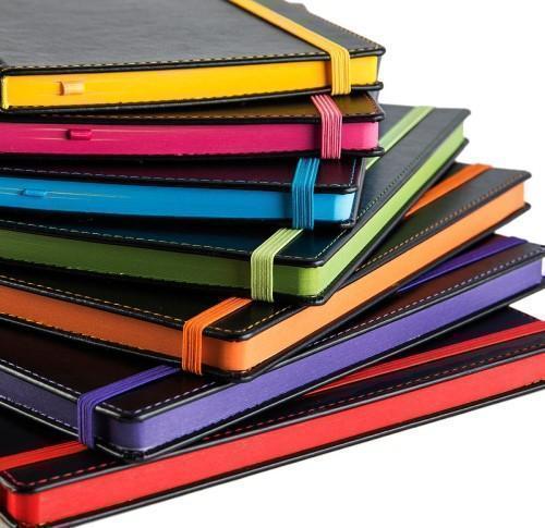 Promotional A5 Notebooks Black Cover Contrast Colour Elastic Strap, Edge Stitch, Edge Stained Paper & Page Marker.