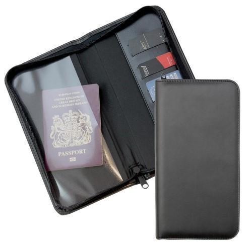 Zipped Travel Wallet with one clear pocket and one material pocket with card slots.