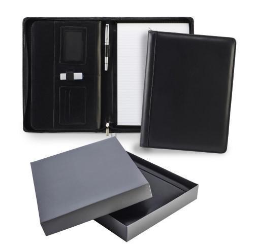 Promotional Leather A4 Zipped Deluxe Conference Folders Black Ascot