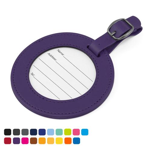 Round Luggage Tag with Clear Window to show details card. in Soft Touch Vegan Torino PU. 