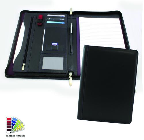 Sandringham Nappa Leather Deluxe Zipped A4 Conference Pad Holder made to order in any Pantone Colour