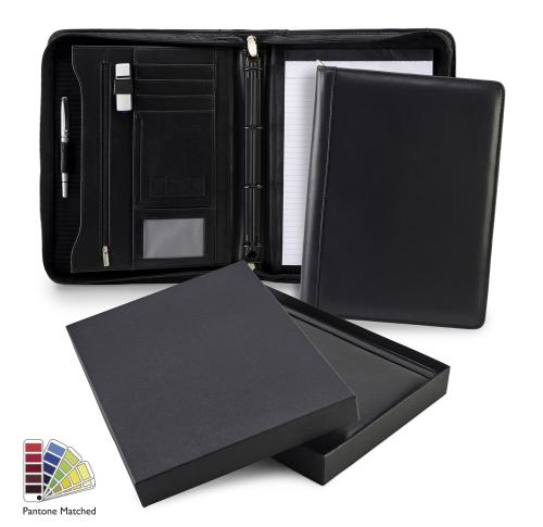 Sandringham Nappa Leather Deluxe A4 Zipped Ring Binder made to order in any Pantone Colour