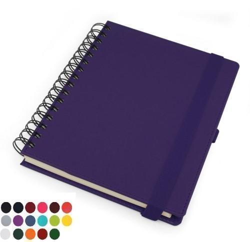 Belluno PU Colours Deluxe A5 Wiro Notebook with soft touch leather look cover to both sides, Elastic Strap to close, Elastic Pen Loop, Clear interior pocket, lined ivory paper.
