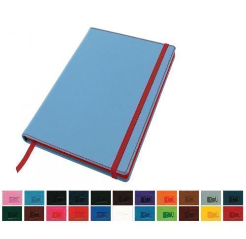 Accent A5 Notebook with a Belluno Soft Touch Cover in a Choice of 22 Colours with a Contrast Colour Elastic Strap, Elastic Pen Loop, Edge Stitch, Edge Stained Paper & Page Marker.