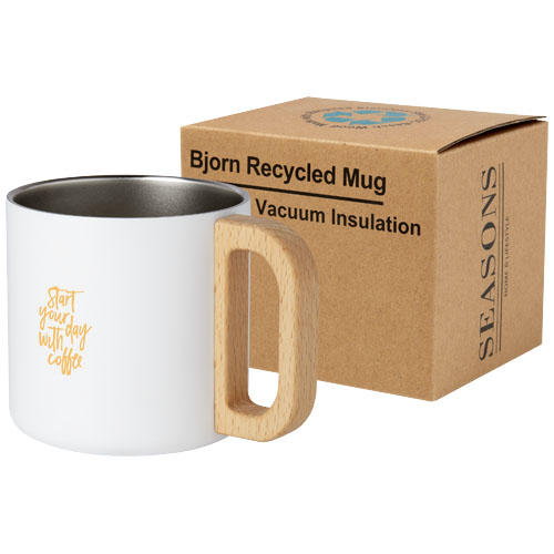 Branded Bjorn 360 ml RCS certified recycled stainless steel mugs with copper vacuum insulation