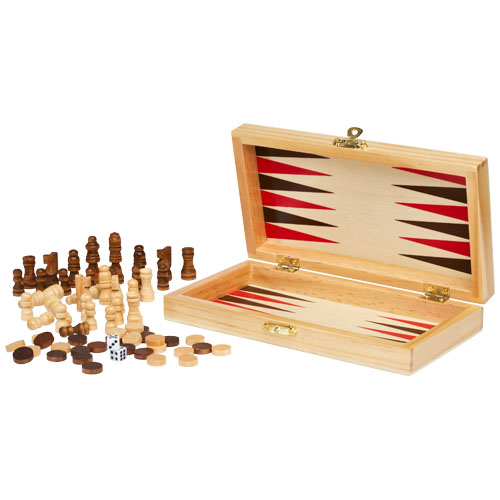 Printed Mugo 3-in-1 wooden game set - Chess, Backgammon, Checkers