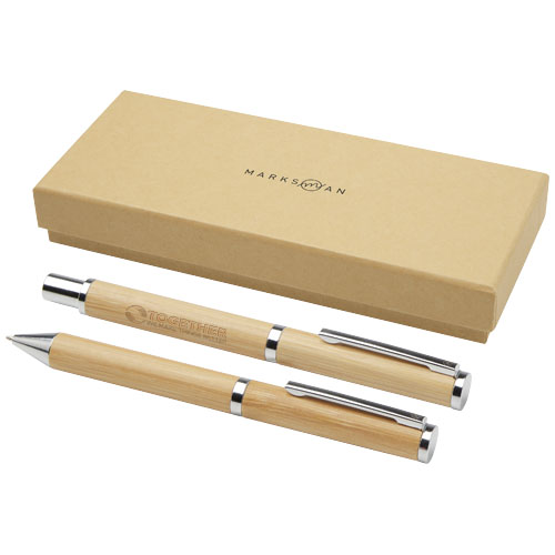 Marksman Branded Apolys bamboo ballpoint and rollerball pen gift set