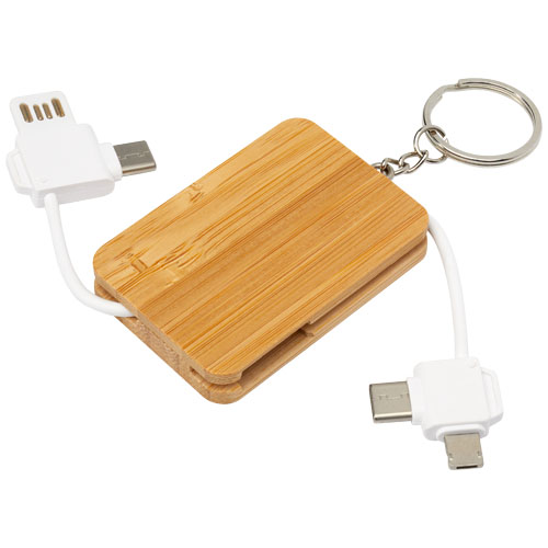 Branded Reel 6-in-1 retractable bamboo key ring phone charging cables