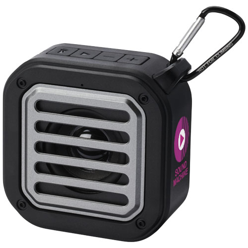 Logo Solo 3W IPX5 RCS recycled plastic solar portable mini Bluetooth® speaker with carabiner