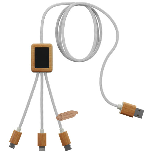 Printed SCX.design C39 3-in-1 rPET light-up logo phone charging cable with squared bamboo casing
