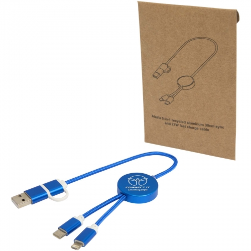 Branded Alasia 5-in-1 recycled aluminium and plastic 30 cm data sync and 27W fast charge cable