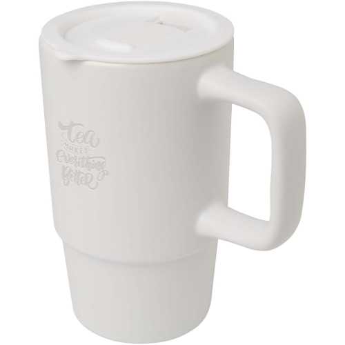 Promotional Carter 450 ml ceramic mug with plastic lid