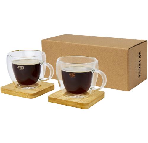 Promotional Manti 2-piece 100 Ml Double-wall Glass Coffee Cupa With Bamboo Coaster