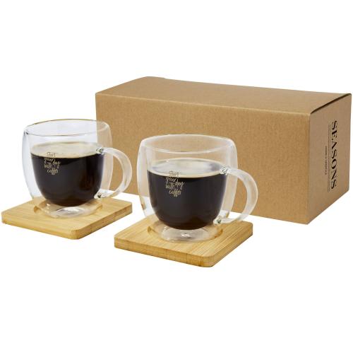 Branded Logo Manti 2-piece 250 Ml Double-wall Glass Coffee Cups With Bamboo Coaster