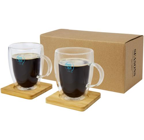 Custom Printed Manti 2-piece 350 Ml Double-wall Glass Coffee / Tea Cups With Bamboo Coaster