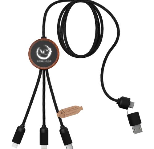 SCX.design C37 5-in-1 rPET light-up logo charging cable with round wooden casing