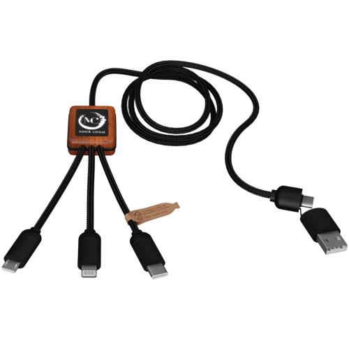 SCX.design C38 5-in-1 rPET light-up logo charging cable with squared wooden casing